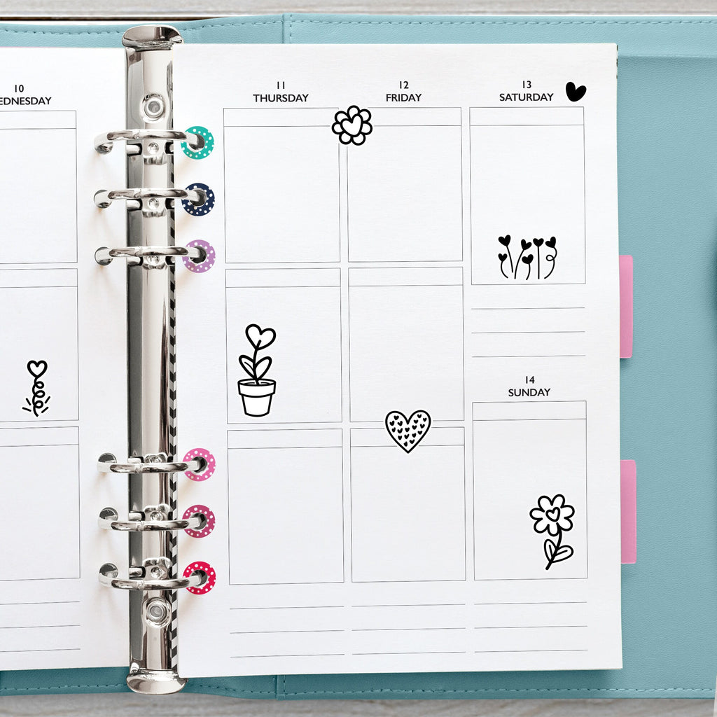 Black & White Flowers and Heart Stickers, Planner Stickers, Two Sizes, Removable