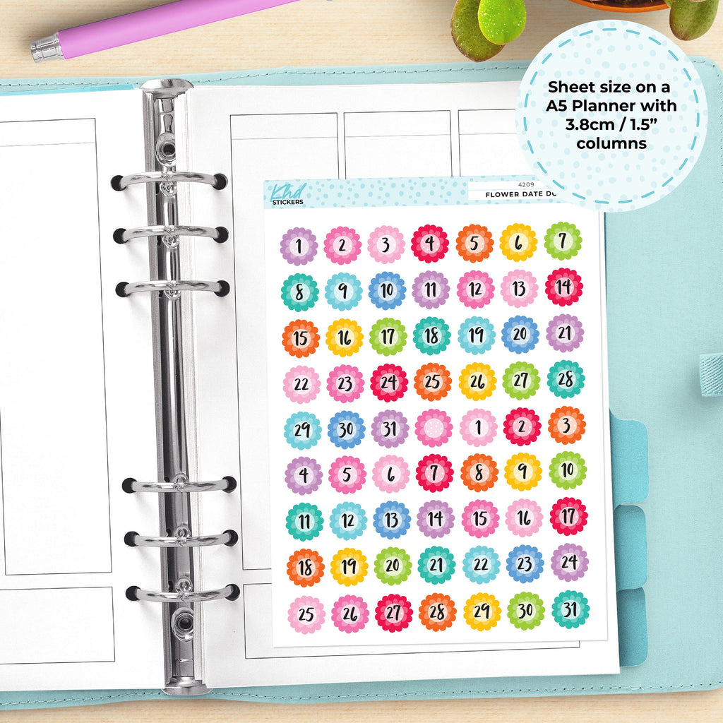 Flower Date Dots and Date Covers Planner Stickers, Removable