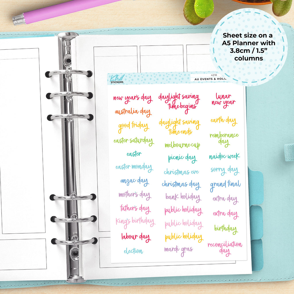 Australian Events and Public Holidays Stickers, Planner Stickers, Removable