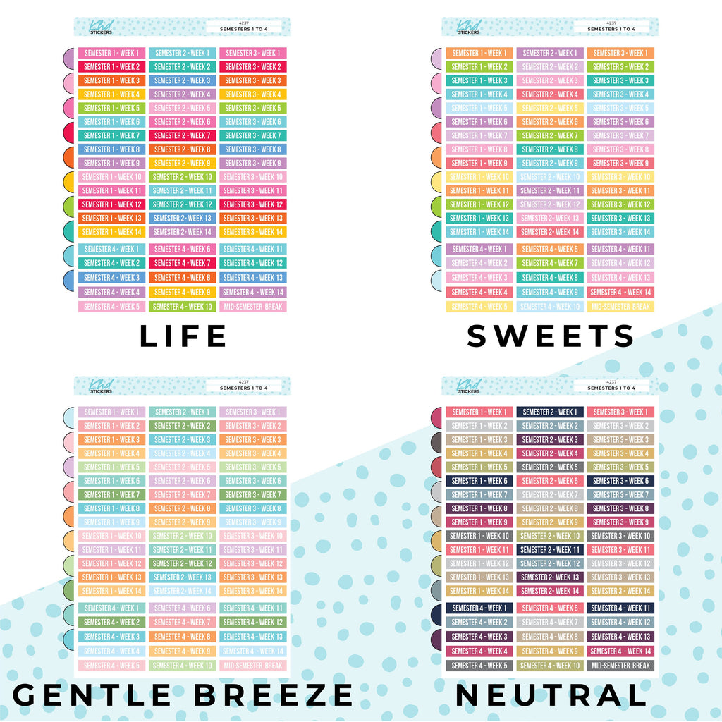Semesters 1 to 4, 14 weeks each, Planner Stickers, Removable
