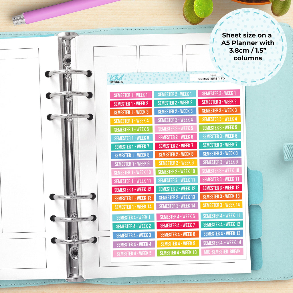 Semesters 1 to 4, 14 weeks each, Planner Stickers, Removable