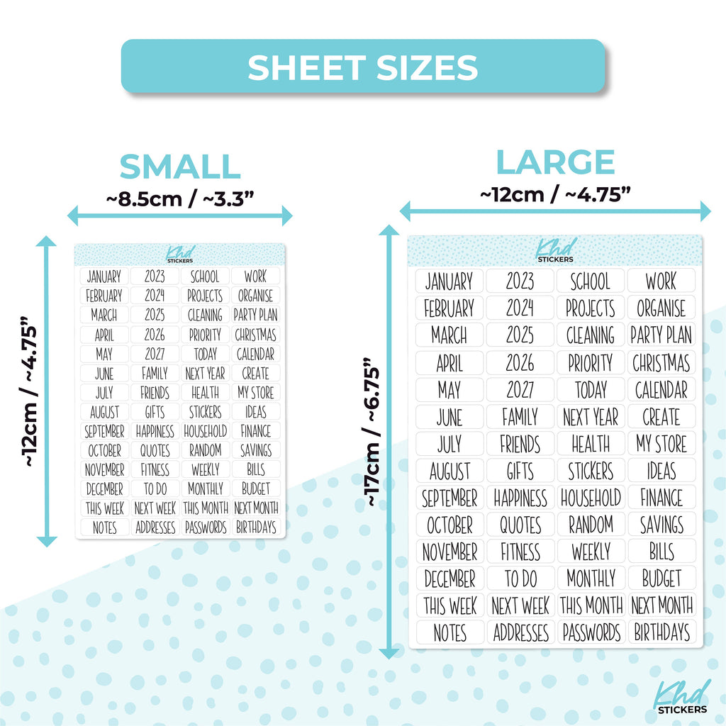 Planner Divider Labels, Two Sizes, Removable