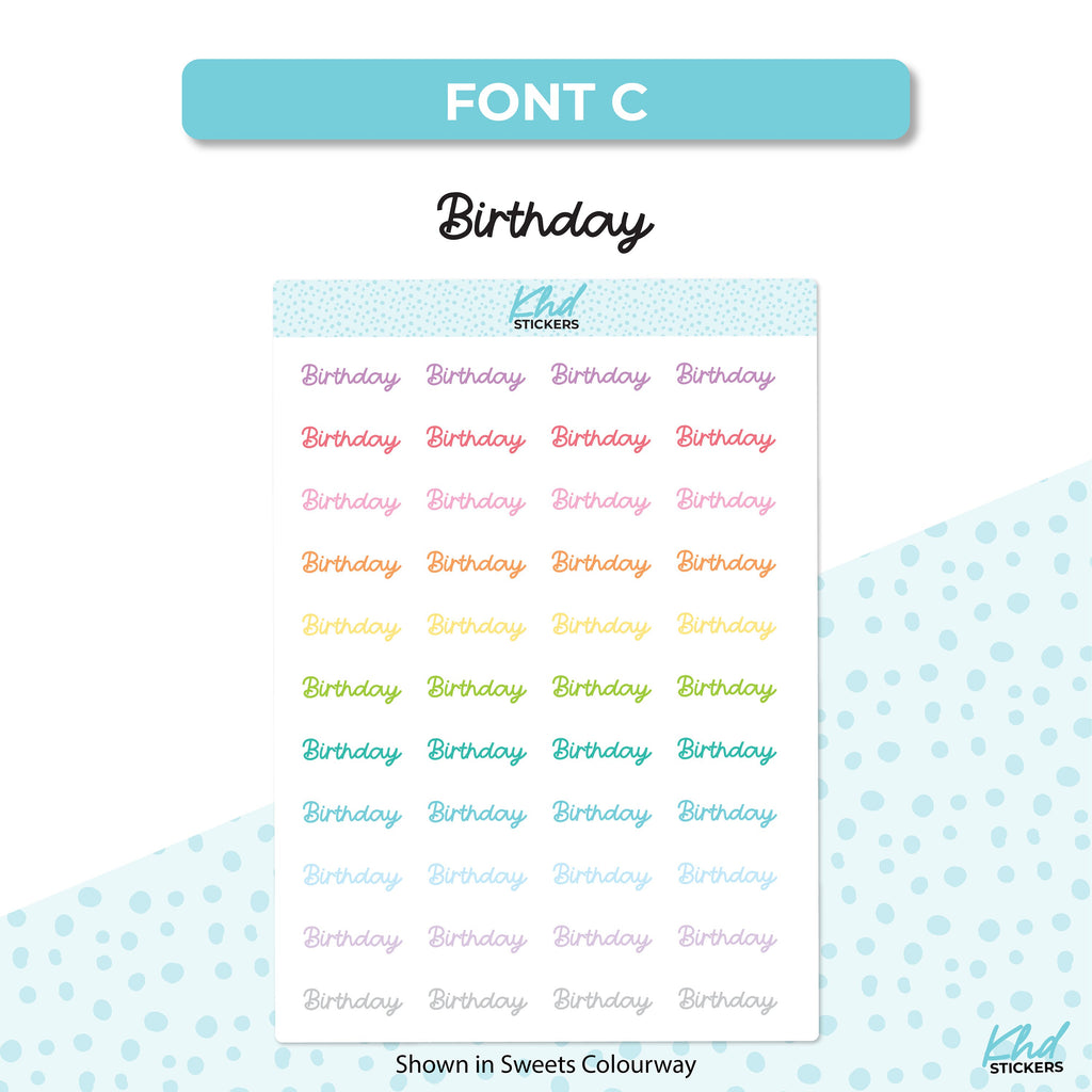 Birthday Planner Stickers, Planner Stickers, Select from 6 fonts & 2 sizes, Removable