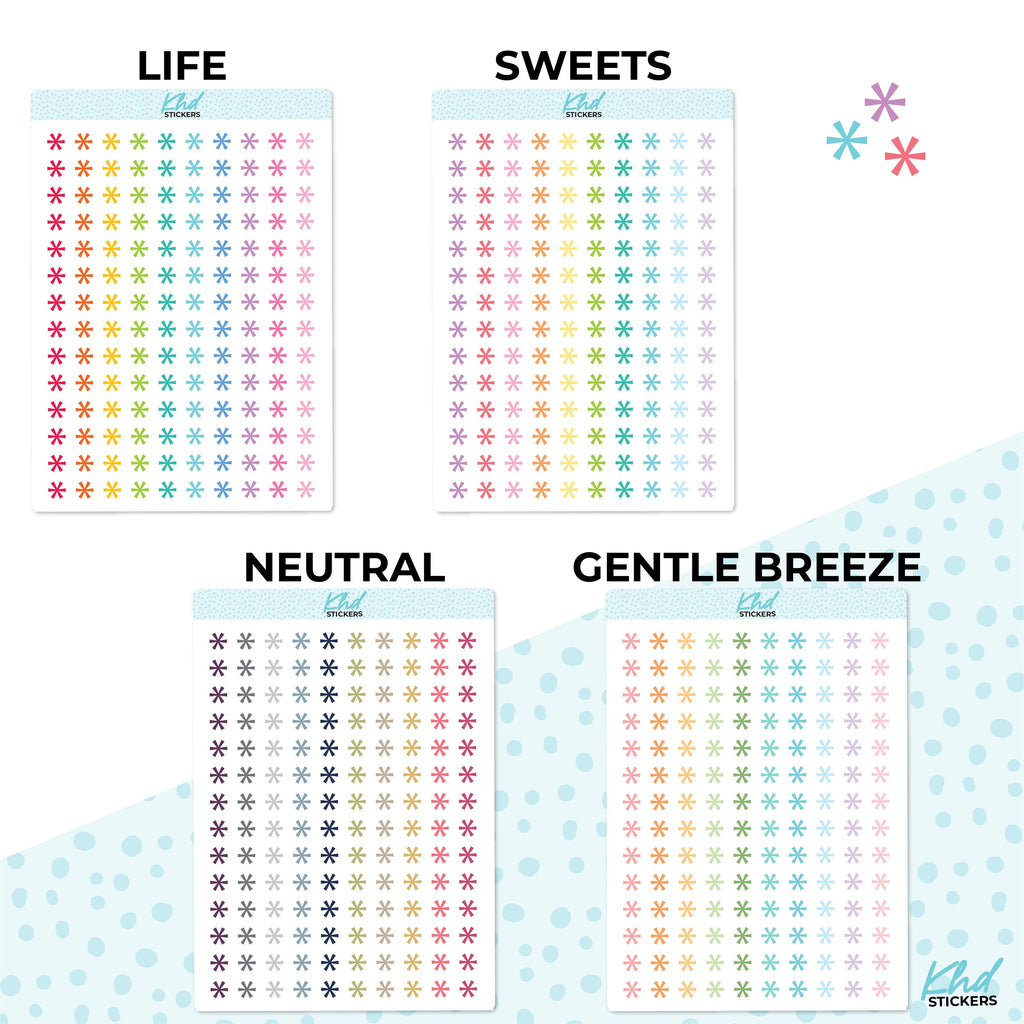 Asterisk Dot Stickers, Planner Stickers, 2 sizes and over 30 colours, Removable