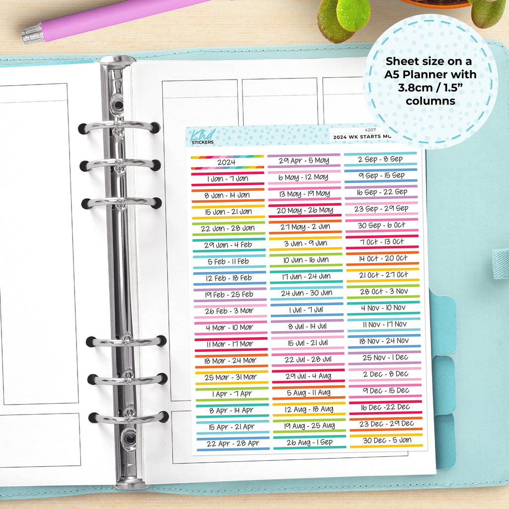 2023 and 2024 Weekly Dated Stickers, Planner Stickers, Week Starts Monday, Removable