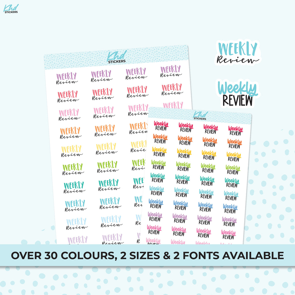 Weekly Review Stickers, Planner Stickers, Two size and font options, Removable