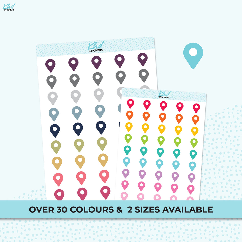 Map Pin Stickers, Planner Stickers, 2 sizes and over 30 colours, Removable