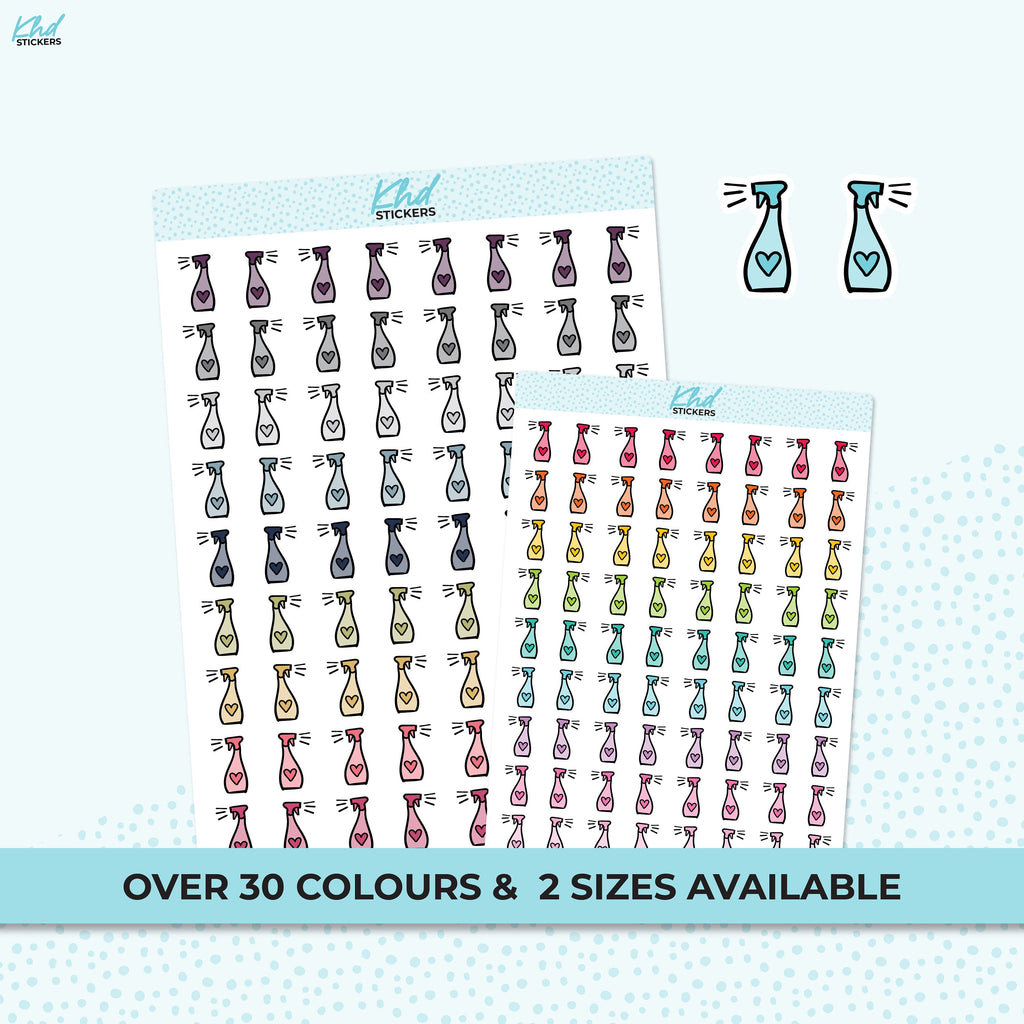 Spray Bottle Icon Stickers, Planner Stickers, Two Sizes and over 30 colour selections, Removable
