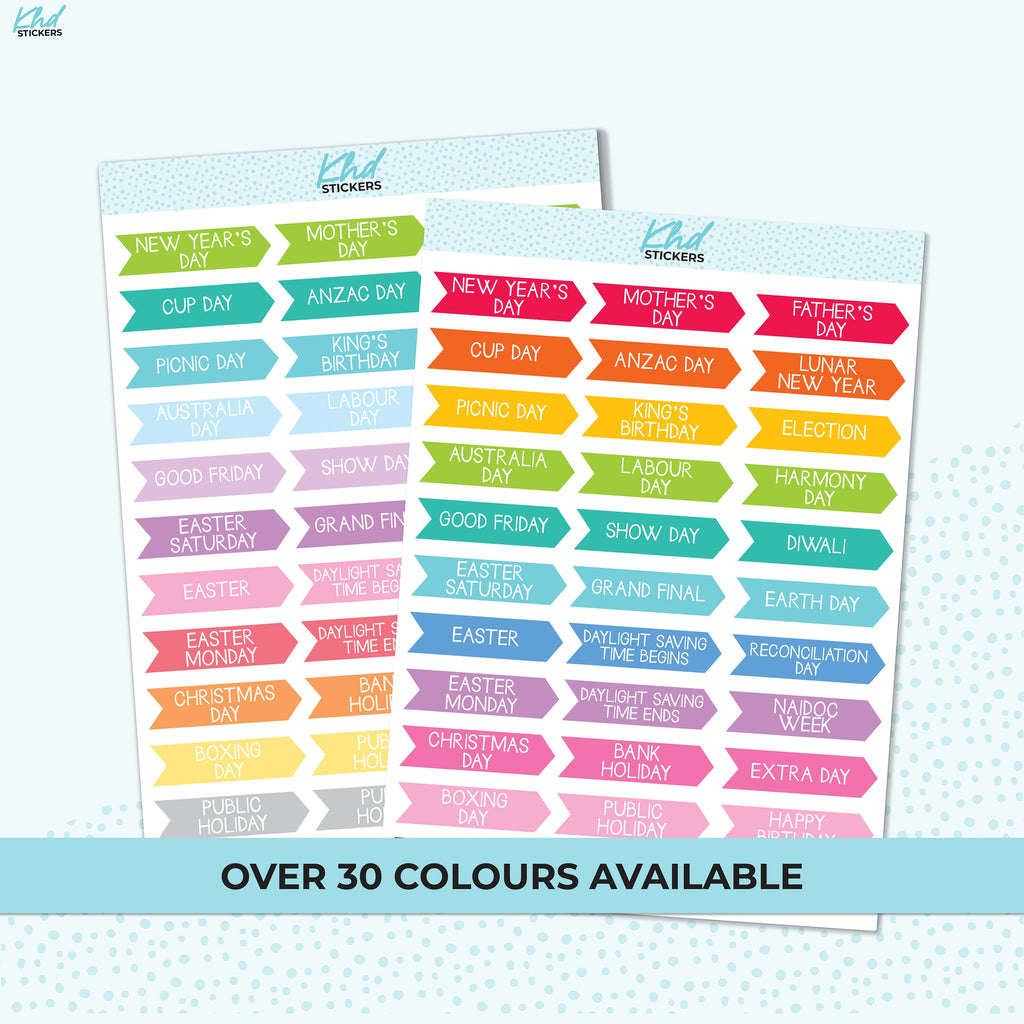 Australian Public Holidays Stickers, Planner Stickers, Removable