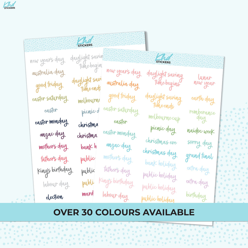 Australian Events and Public Holidays Stickers, Planner Stickers, Removable