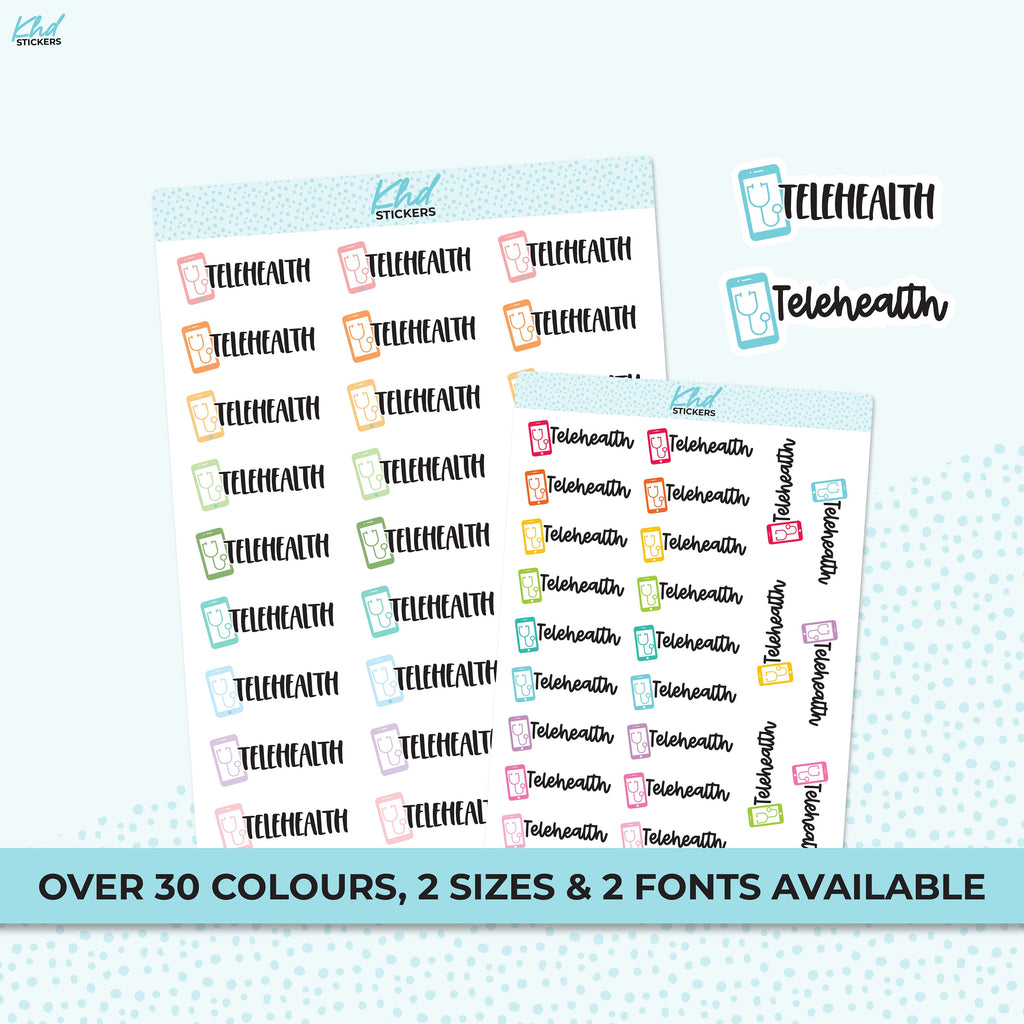 Telehealth Stickers, Planner Stickers, Two Size and Font Options, Removable