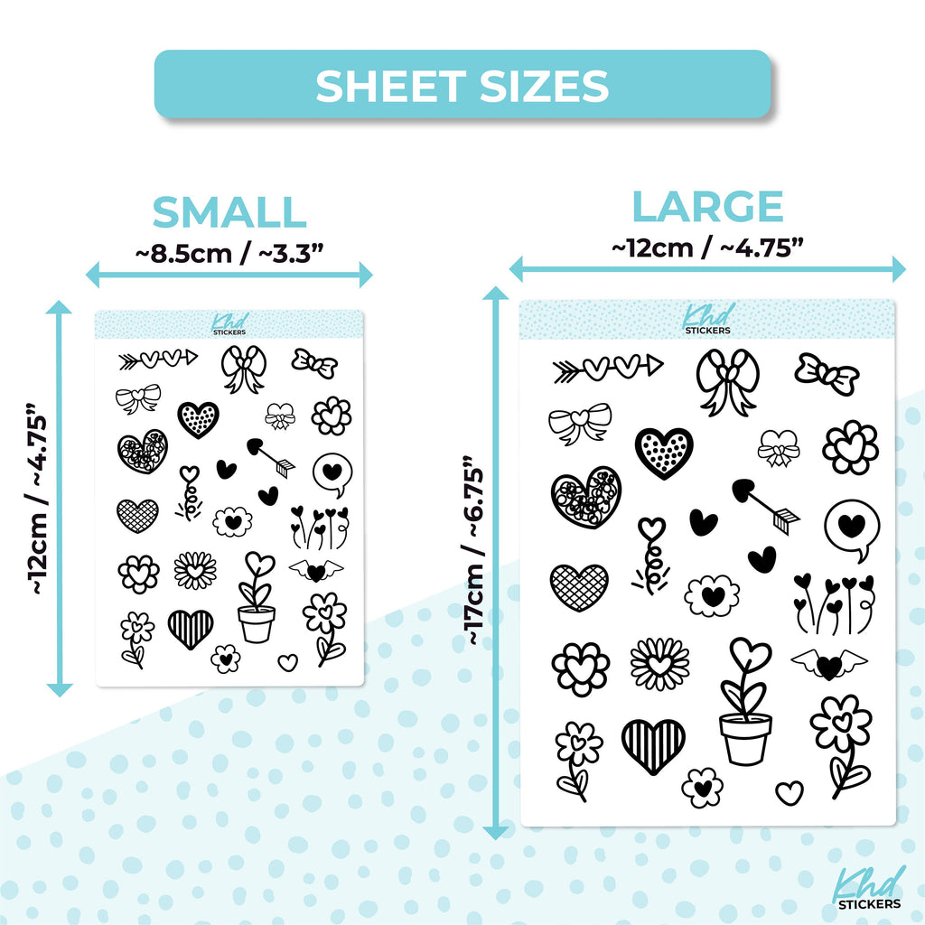 Black & White Flowers and Heart Stickers, Planner Stickers, Two Sizes, Removable