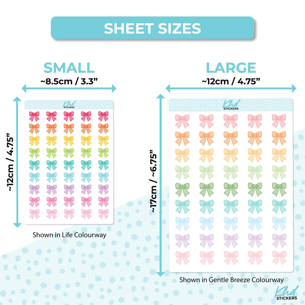 Pretty Bow Stickers, Planner Stickers, 2 sizes and over 30 colours, Removable