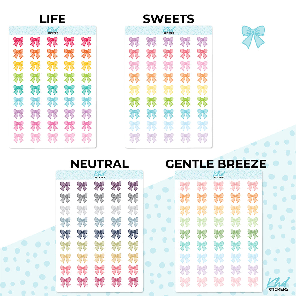 Pretty Bow Stickers, Planner Stickers, 2 sizes and over 30 colours, Removable