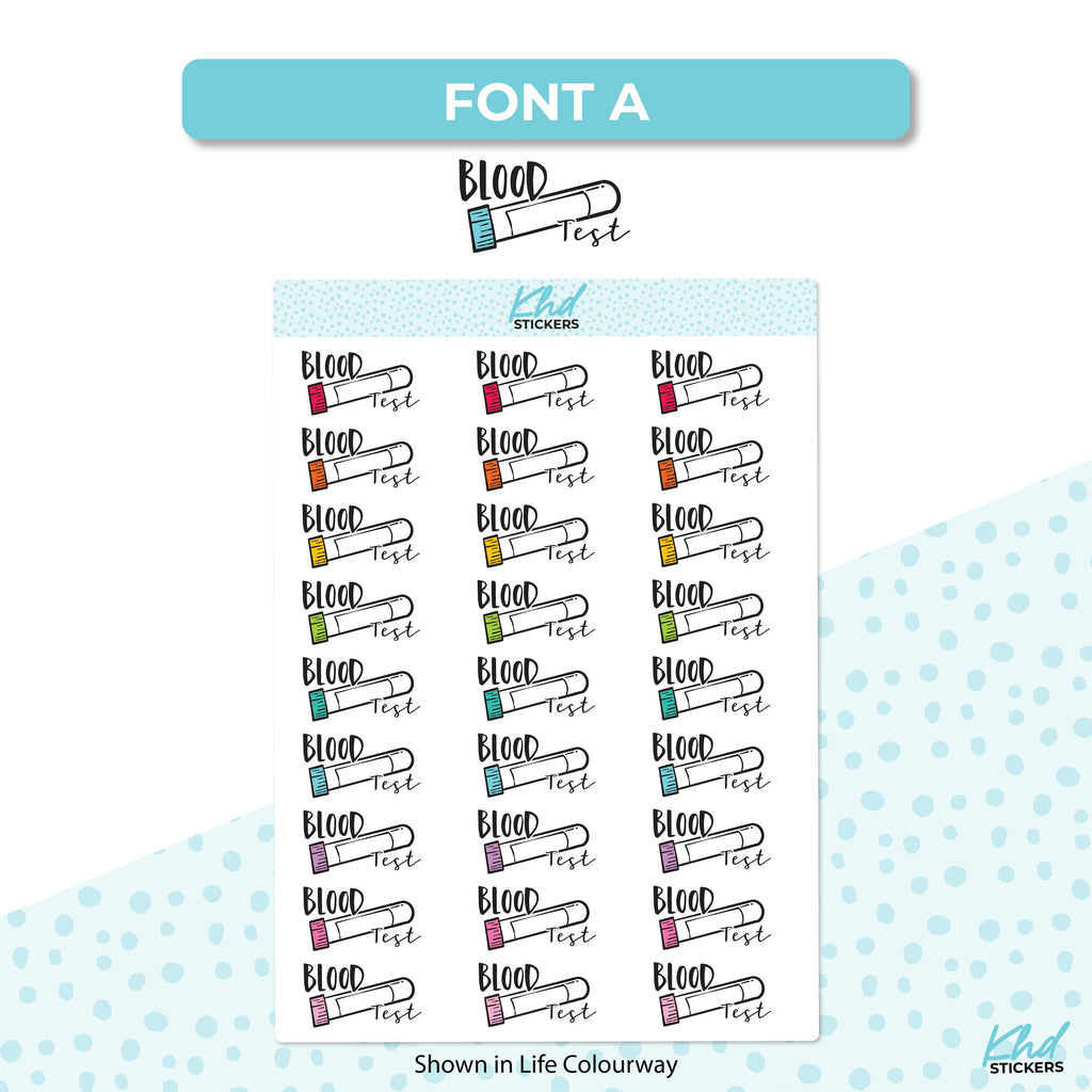 Blood Test Planner Stickers, Two sizes and font options, Over 30 colours, Removable