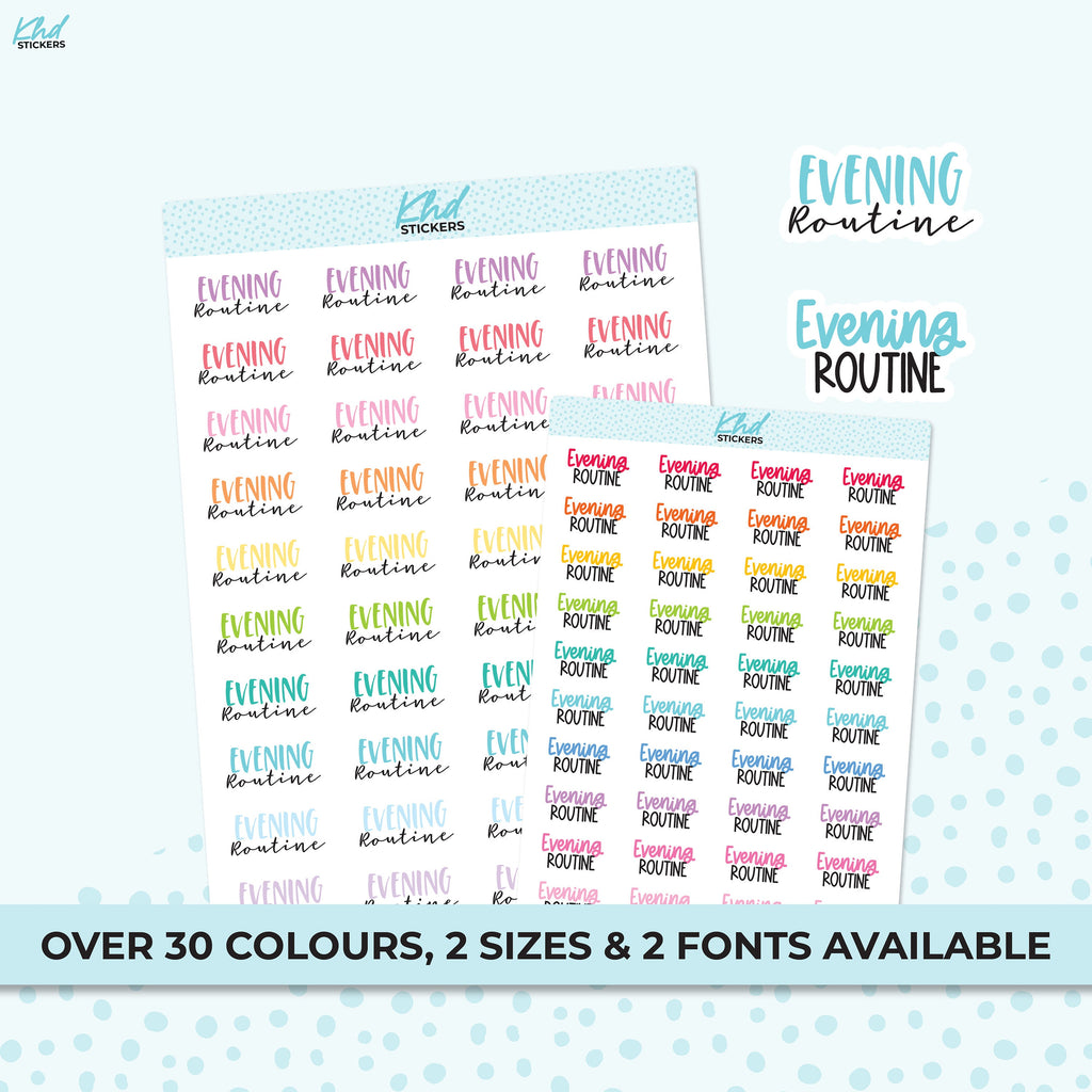 Evening Routine Stickers, Planner Stickers, Two size and font options, Removable