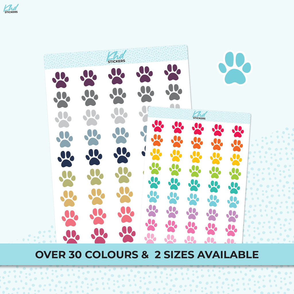 Paw Print Icon Stickers, Planner Stickers, 2 sizes and over 30 colours, Removable