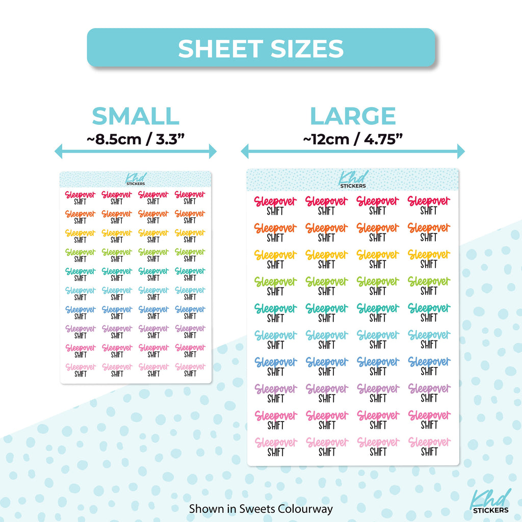 Sleepover Shift Stickers, Planner Stickers, Two size and font selections, Removable