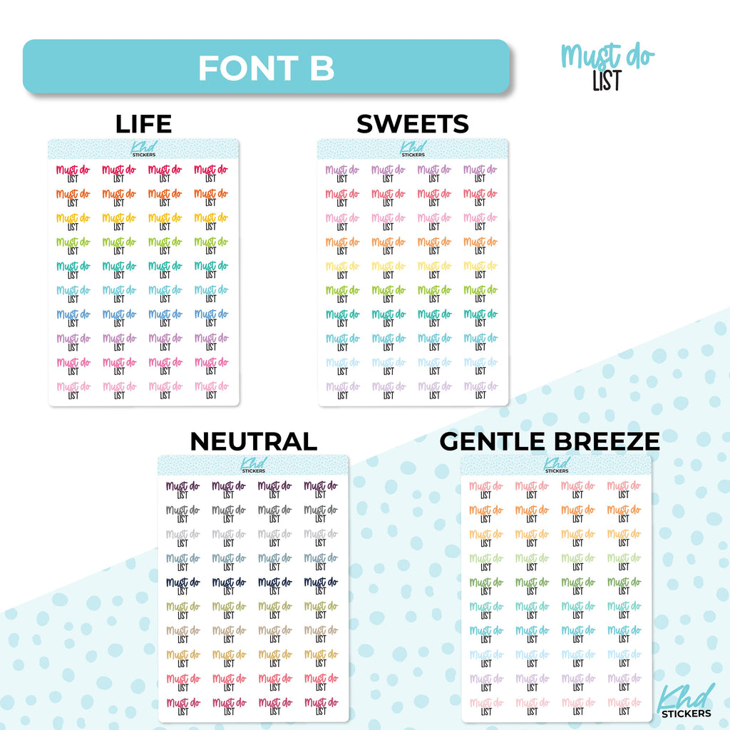 Must Do List,Stickers, Planner Stickers, Scripts, Two Sizes, Two fonts choices, removable