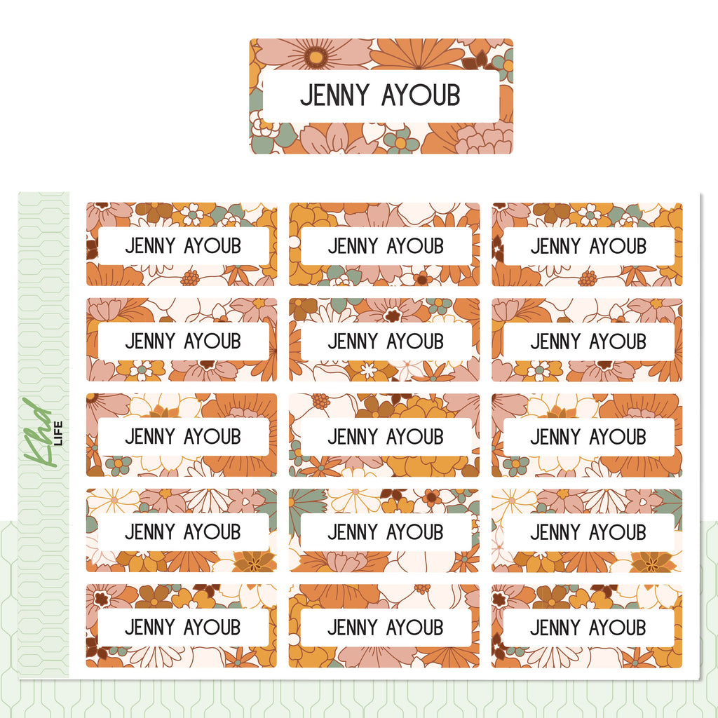 70s Groovy Floral Patterned Name Labels, Personalised Stickers for Everyone, Assorted Colours and Designs in Store