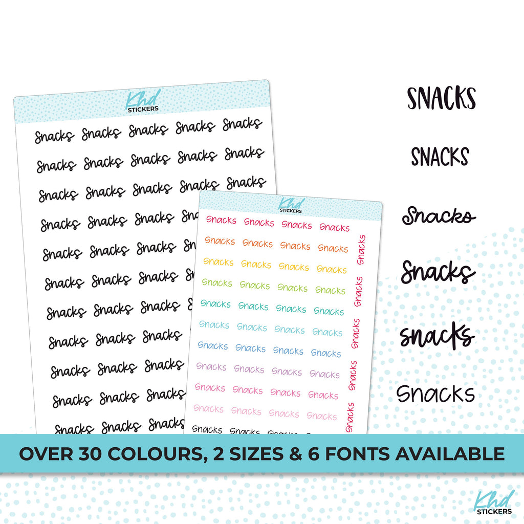 Snacks Stickers, Planner Stickers, Select from 6 fonts & 2 sizes, Removable