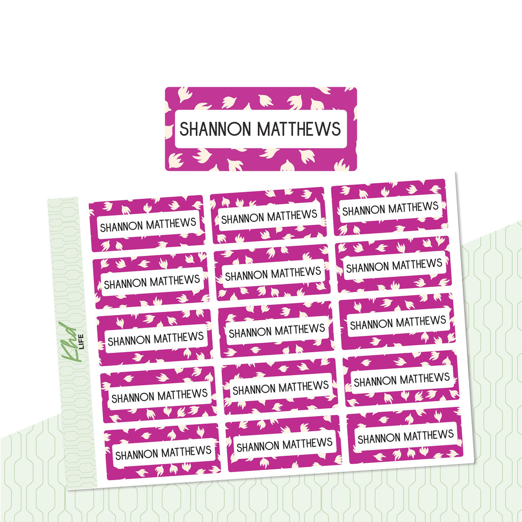 Purple Patterened Name Labels, Personalised Stickers for Everyone, Assorted Colours and Designs in Store