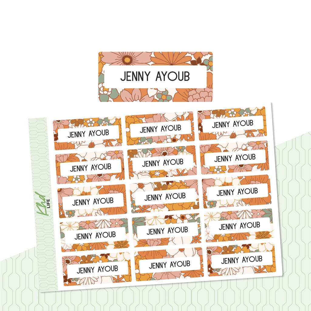 70s Groovy Floral Patterned Name Labels, Personalised Stickers for Everyone, Assorted Colours and Designs in Store
