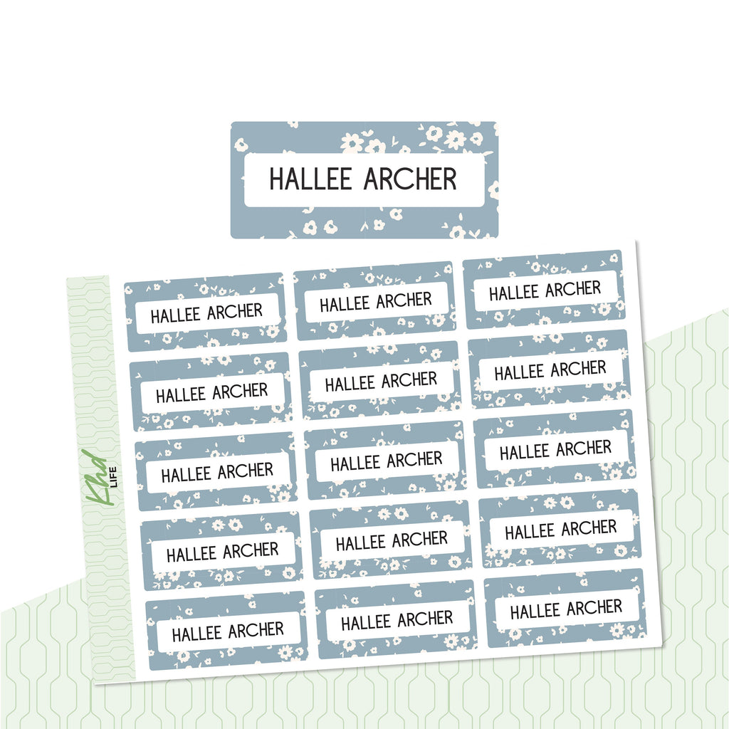 Soft Blue Floral Patterned Name Labels, Personalised Stickers for Everyone, Assorted Colours and Designs in Store