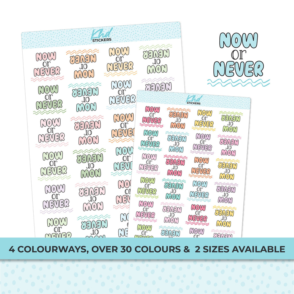 Now Or Never Stickers, Planner Stickers, Two sizes and over 30 colour options, removable