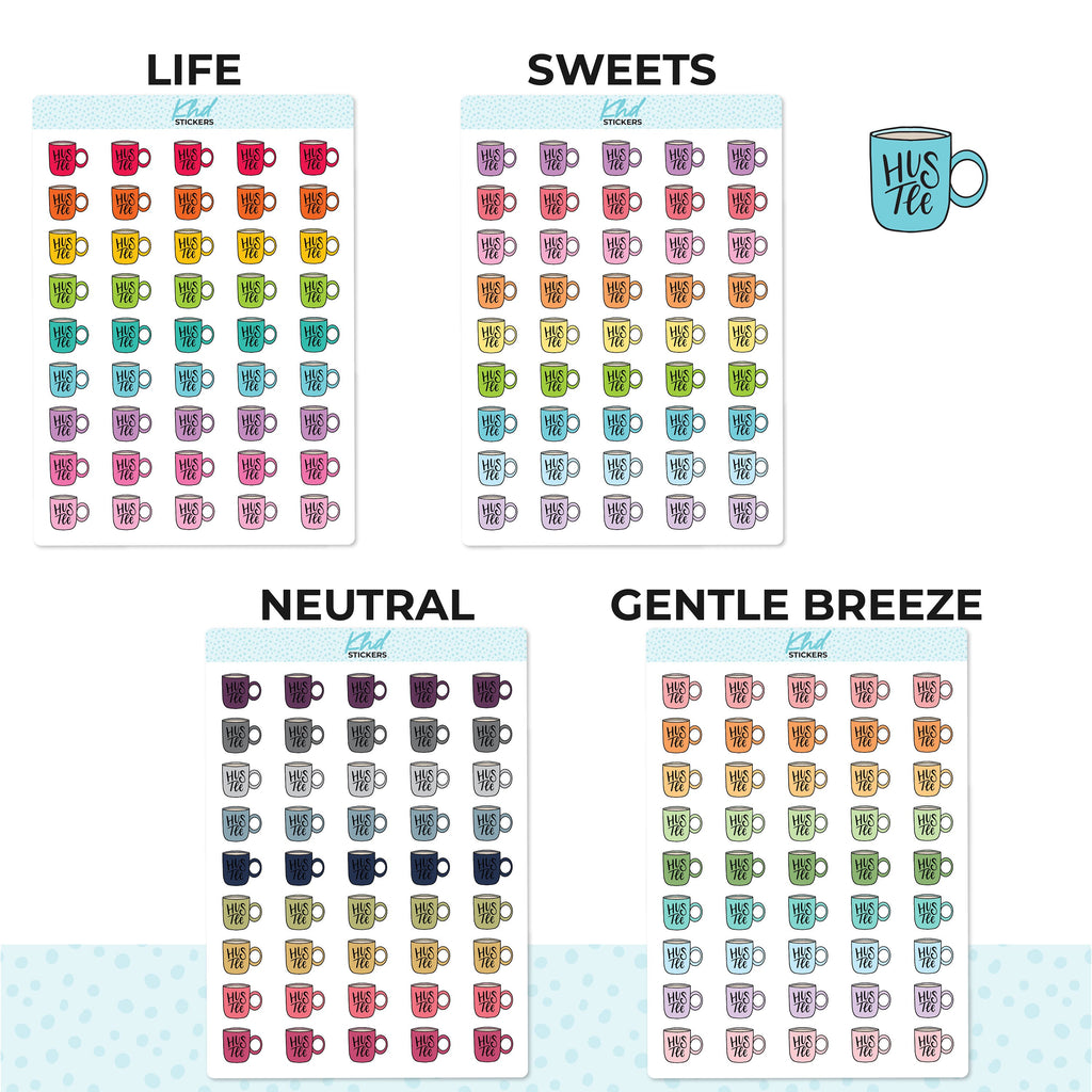 Hustle Mug Stickers, Planner Stickers, Two sizes and over 30 colour options, removable