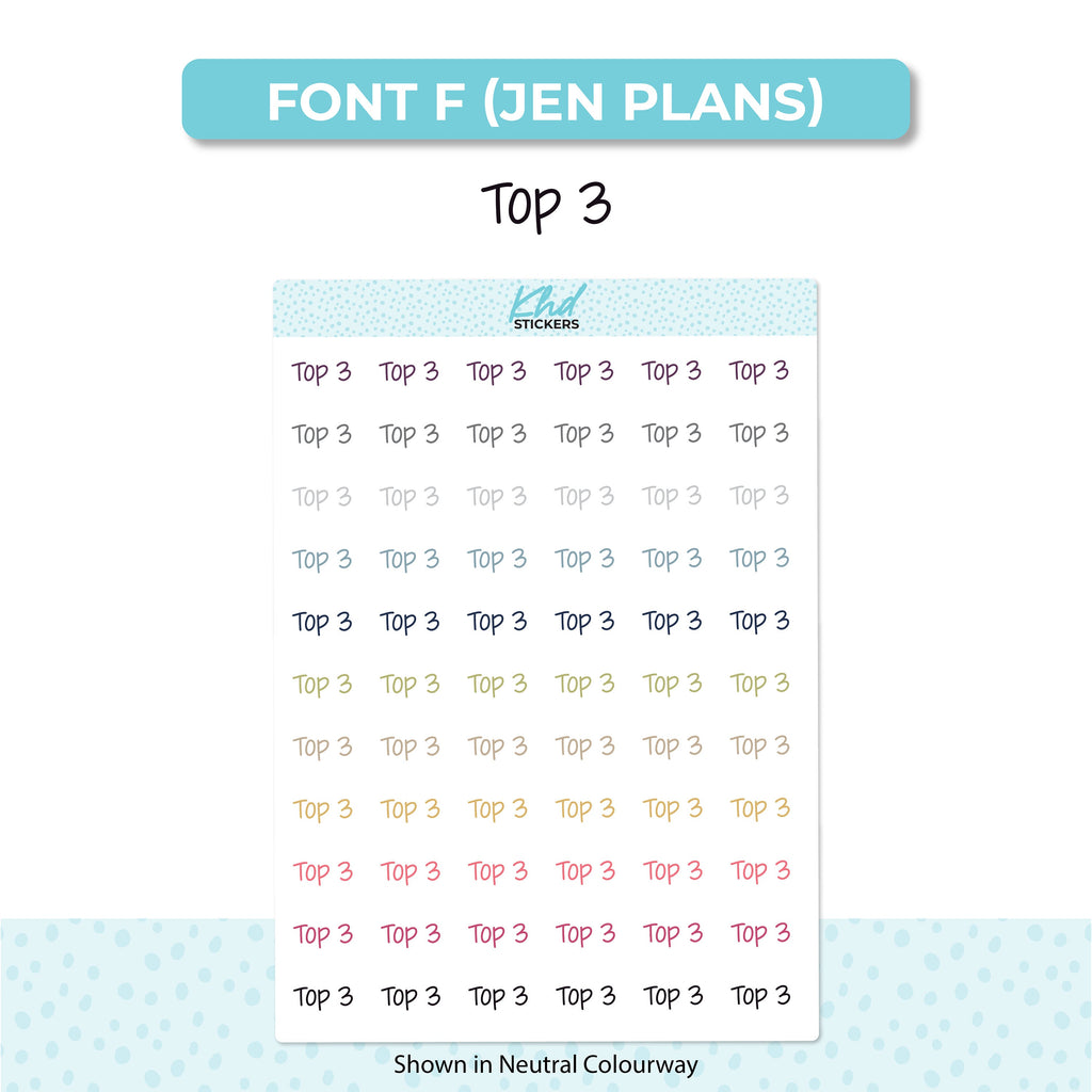 Top 3 Script Planner Stickers, Select from 6 fonts & 2 sizes, Removable