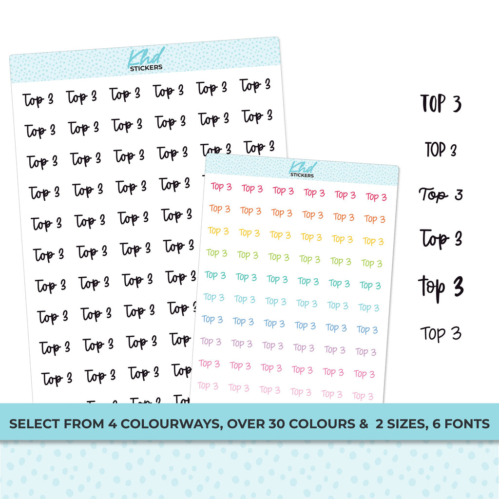 Top 3 Script Planner Stickers, Select from 6 fonts & 2 sizes, Removable