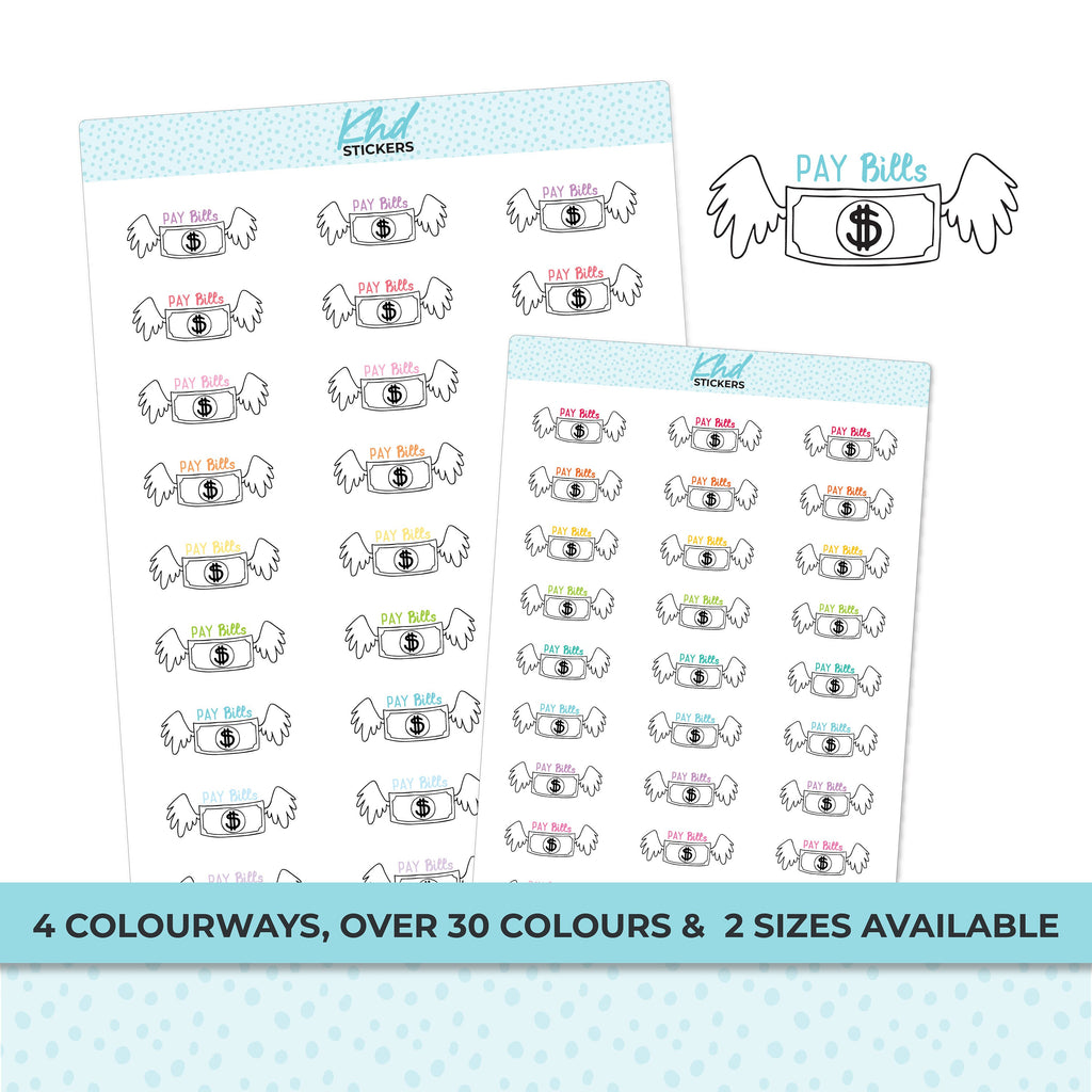 Pay Bills Stickers, Planner Stickers, 2 sizes and over 30 colours, Removable