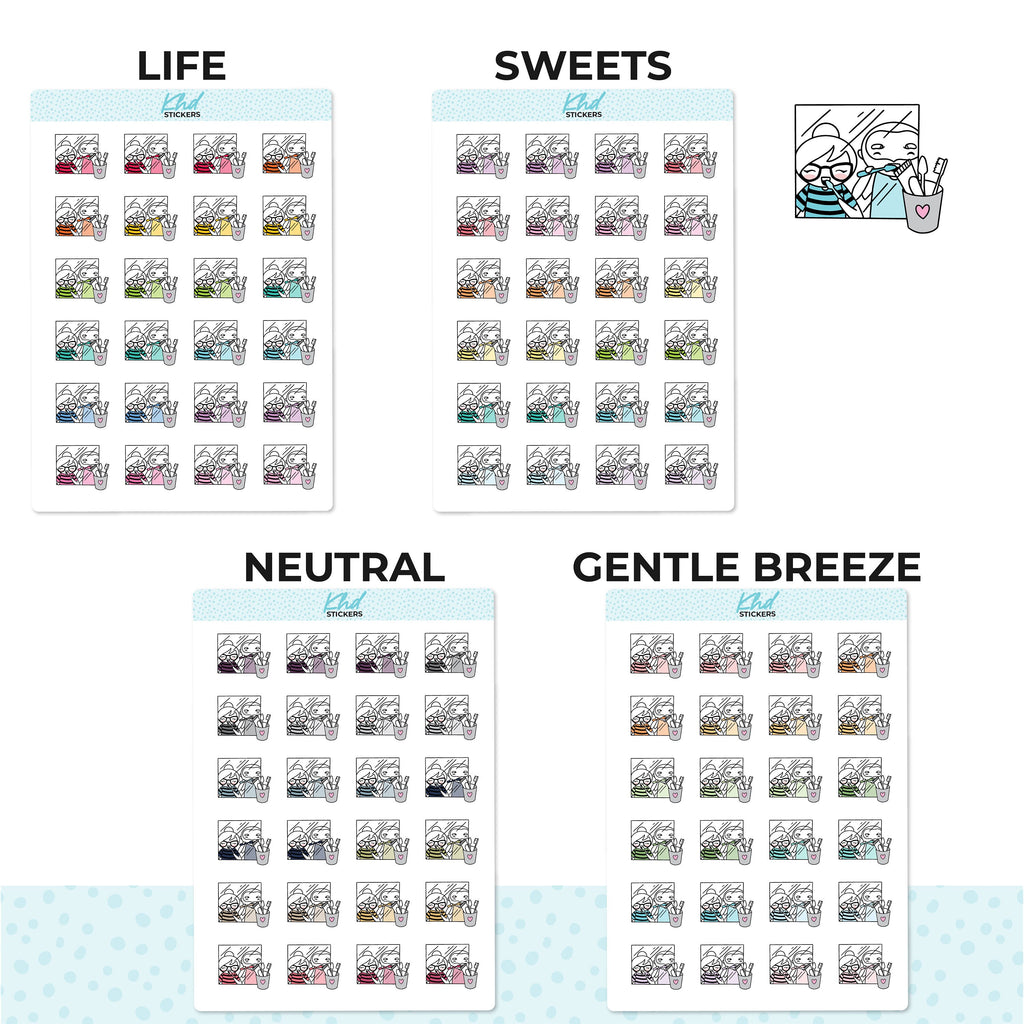 Planner Girl Leona and Jeremy Tooth Brushing, Planner Stickers, Two sizes, Removable
